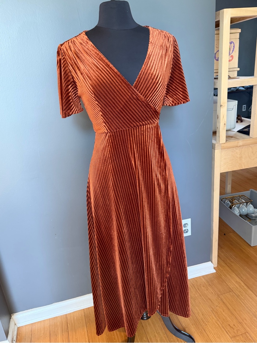 Simple Rust Velvet Maxi Wrap Dress